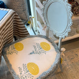 Oly Studio Outdoor Chair in Blue with Custom Schumacher Cushion